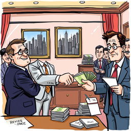 A cartoon journalism sketch depicting the theme of corruption