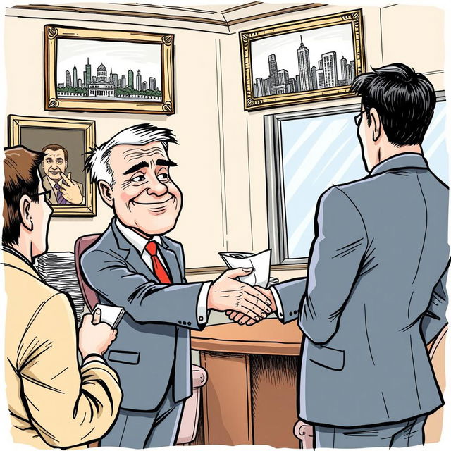 A cartoon journalism sketch depicting the theme of corruption