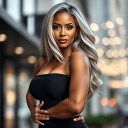 A striking portrait of a 60-year-old woman with alluring brown skin and an elegant curvy body