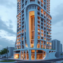 Futuristic and deconstructivist residential tower design, 20 stories tall with dynamic and luxurious form