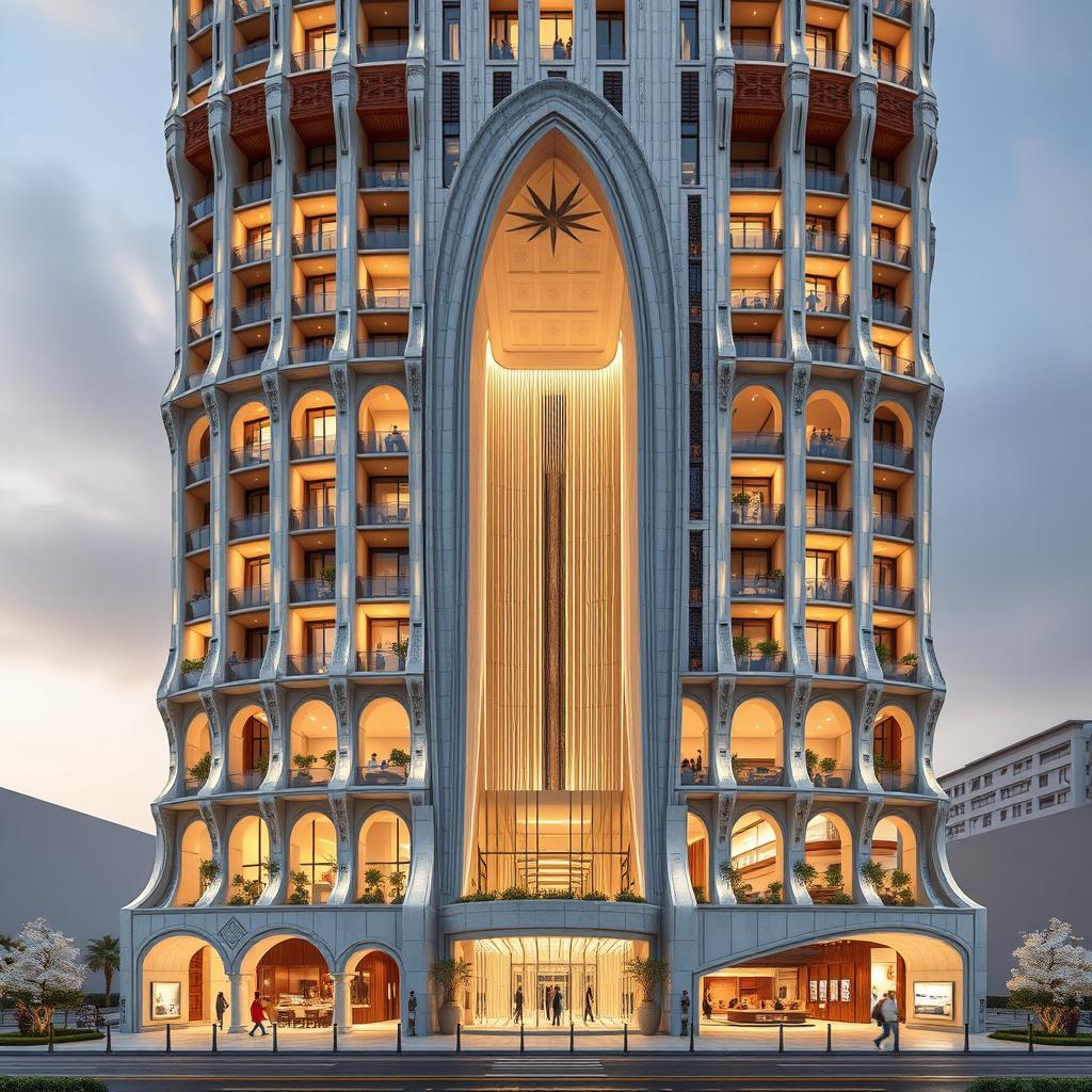 Futuristic and deconstructivist residential tower design, 20 stories tall with dynamic and luxurious form