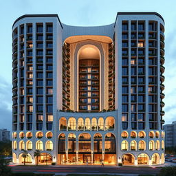 Futuristic and deconstructivist residential tower design, 20 stories tall with dynamic and luxurious form