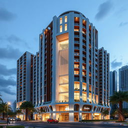 Futuristic and deconstructivist residential tower design, 20 stories tall with dynamic and luxurious form