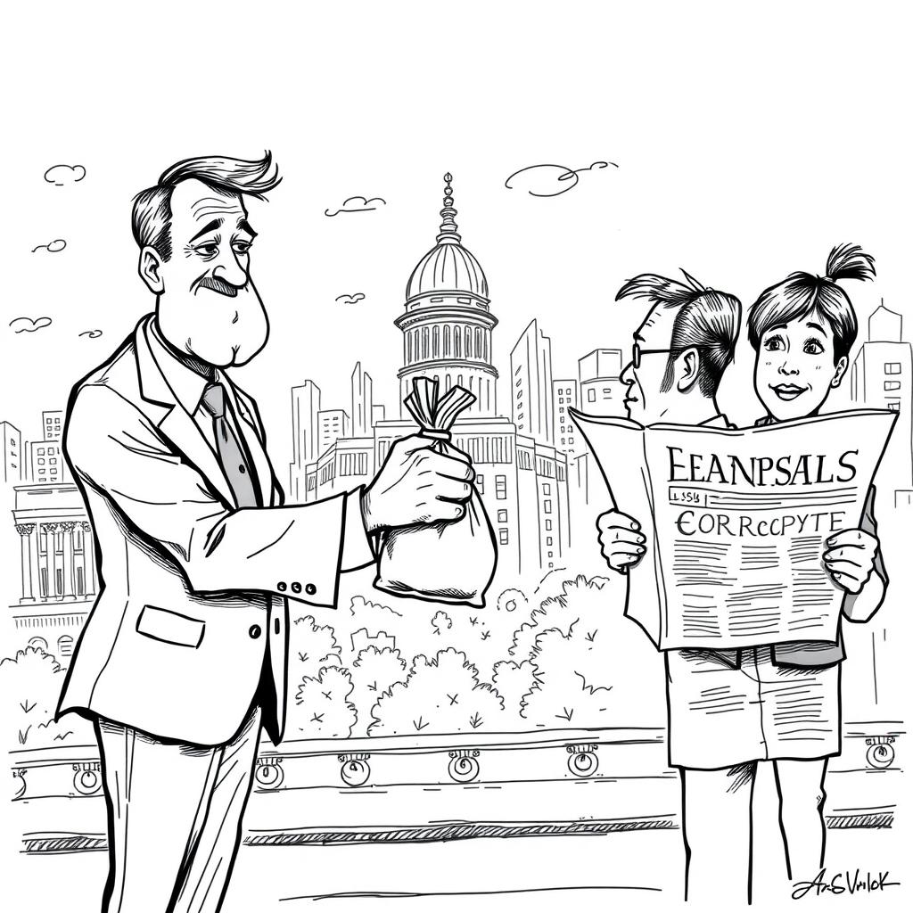 A detailed cartoon journalism sketch depicting the theme of corruption