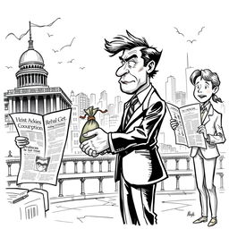A detailed cartoon journalism sketch depicting the theme of corruption