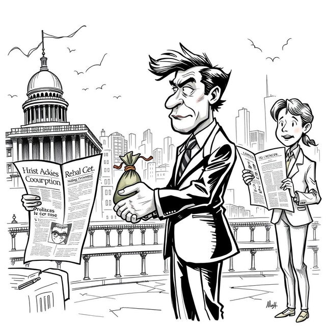 A detailed cartoon journalism sketch depicting the theme of corruption