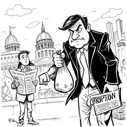 A detailed cartoon journalism sketch depicting the theme of corruption