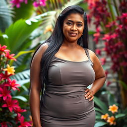 A captivating portrait of a 60-year-old Indonesian woman with beautiful brown skin, showcasing her attractive BBW figure