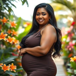 A captivating portrait of a 60-year-old Indonesian woman with beautiful brown skin, showcasing her attractive BBW figure