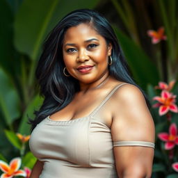 A captivating portrait of a 60-year-old Indonesian woman with beautiful brown skin, showcasing her attractive BBW figure