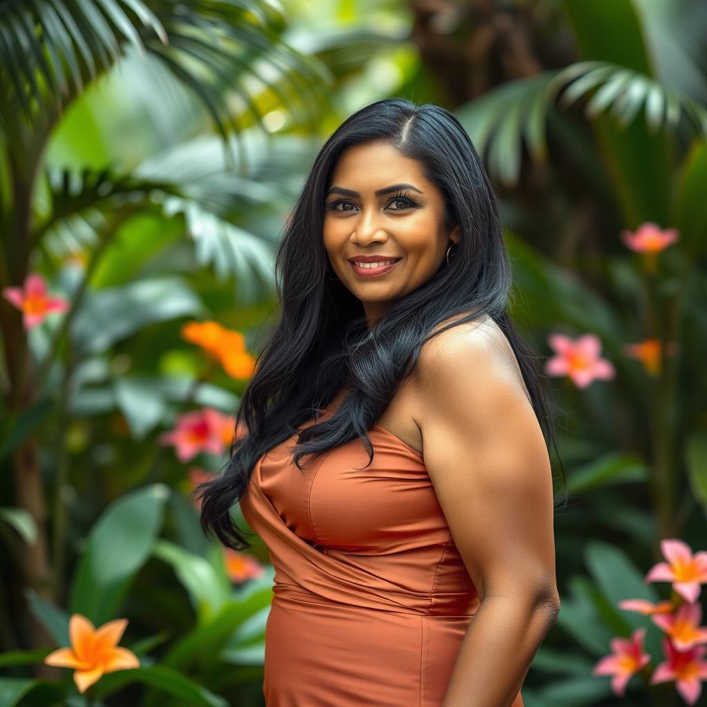 A captivating portrait of a 60-year-old Indonesian woman with beautiful brown skin, showcasing her attractive BBW figure