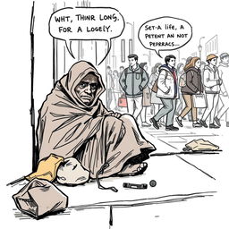 A hand-drawn cartoon journalism sketch depicting the theme of poverty