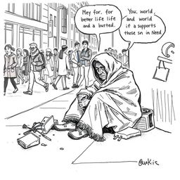 A hand-drawn cartoon journalism sketch depicting the theme of poverty