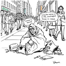 A hand-drawn cartoon journalism sketch depicting the theme of poverty