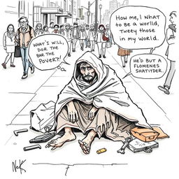 A hand-drawn cartoon journalism sketch depicting the theme of poverty
