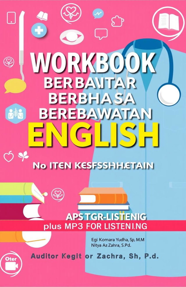 A visually appealing cover design for an English workbook titled 'WORKBOOK PINTAR BERBAHASA ENGLISH UNTUK KEPERAWATAN DAN KESEHATAN' featuring a clean, modern layout