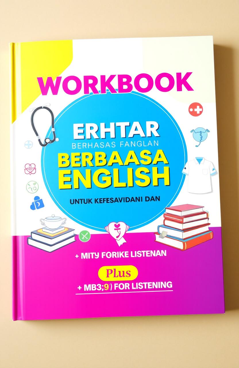 A visually appealing cover design for an English workbook titled 'WORKBOOK PINTAR BERBAHASA ENGLISH UNTUK KEPERAWATAN DAN KESEHATAN' featuring a clean, modern layout