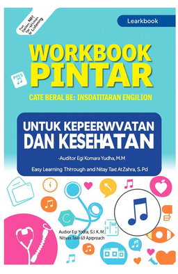 An educational workbook cover design for a nursing and healthcare themed book titled 'WORKBOOK PINTAR BERBAHASA ENGLISH UNTUK KEPERAWATAN DAN KESEHATAN (Easy Learning Through Text - Based Approach)'