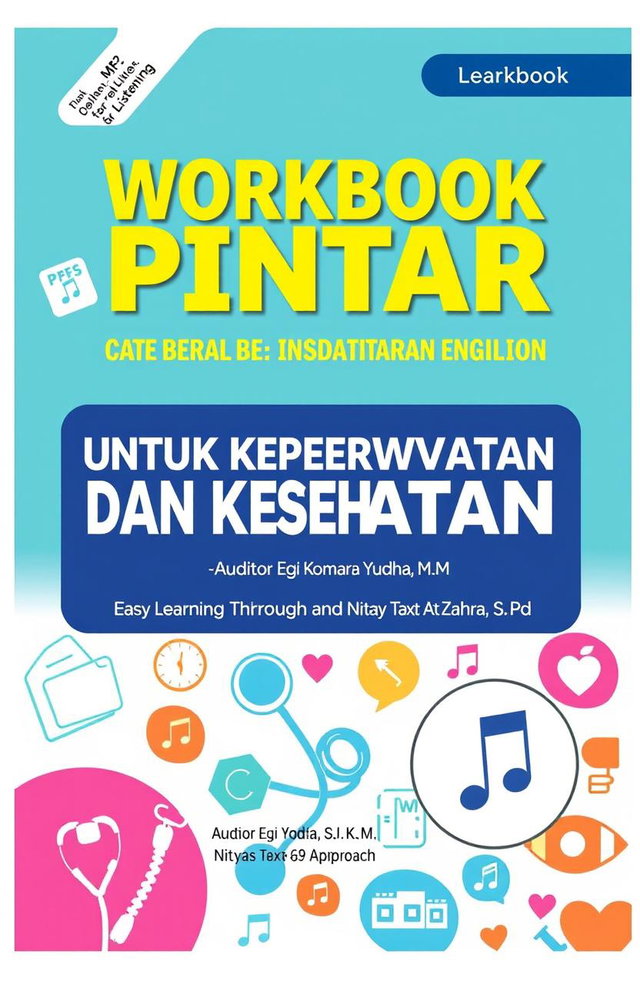 An educational workbook cover design for a nursing and healthcare themed book titled 'WORKBOOK PINTAR BERBAHASA ENGLISH UNTUK KEPERAWATAN DAN KESEHATAN (Easy Learning Through Text - Based Approach)'