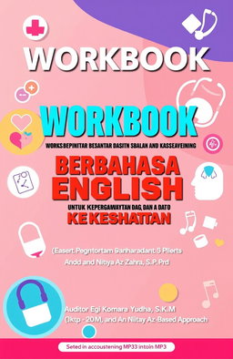 An educational workbook cover design for a nursing and healthcare themed book titled 'WORKBOOK PINTAR BERBAHASA ENGLISH UNTUK KEPERAWATAN DAN KESEHATAN (Easy Learning Through Text - Based Approach)'