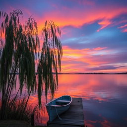 A serene lakeside scene capturing a beautiful sunset with vibrant oranges and purples in the sky, reflecting on the calm water