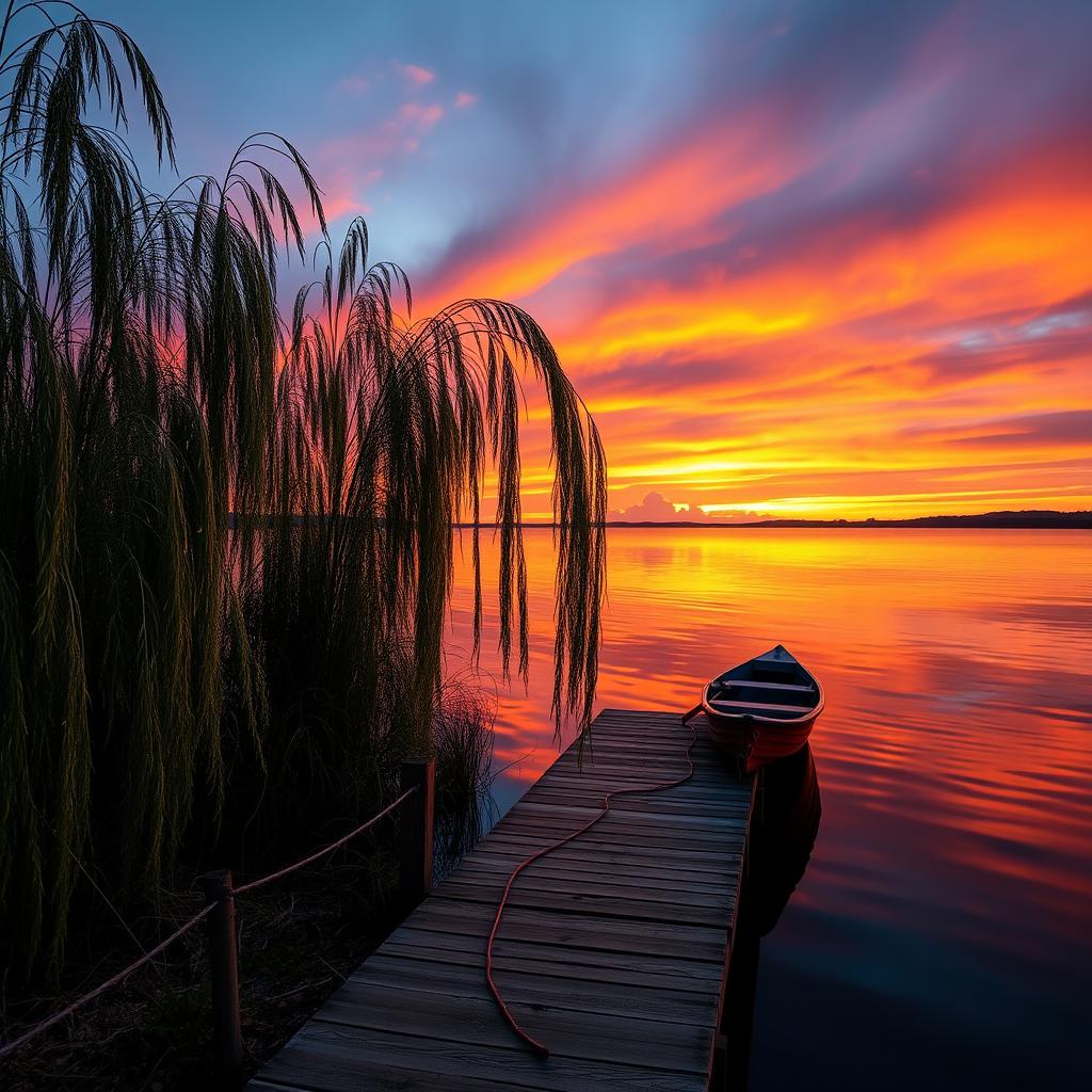 A serene lakeside scene capturing a beautiful sunset with vibrant oranges and purples in the sky, reflecting on the calm water