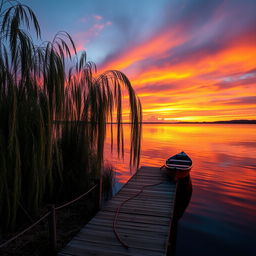 A serene lakeside scene capturing a beautiful sunset with vibrant oranges and purples in the sky, reflecting on the calm water