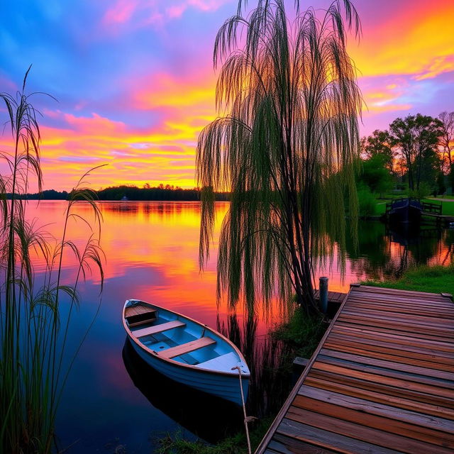 A serene lakeside scene capturing a beautiful sunset with vibrant oranges and purples in the sky, reflecting on the calm water