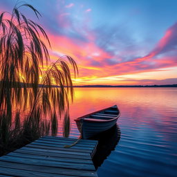 A serene lakeside scene capturing a beautiful sunset with vibrant oranges and purples in the sky, reflecting on the calm water
