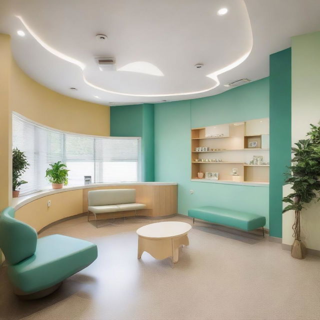 A spacious waiting room for a dental clinic, tastefully designed with 15 chairs to comfortably accommodate patients. The room also features soft lighting, a children's play area, a magazine rack, and a calming color palette.