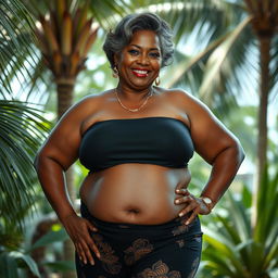 A stunning 65-year-old Indonesian woman with beautiful brown skin, proudly embracing her curves as a BBW