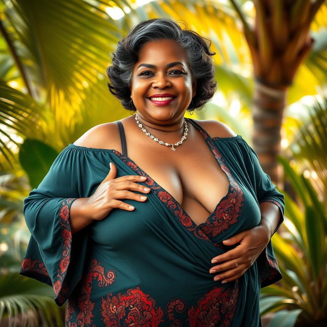 A stunning 65-year-old Indonesian woman with beautiful brown skin, proudly embracing her curves as a BBW