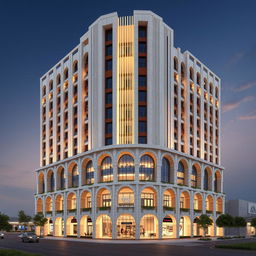 A dynamic and luxurious 20-story residential-commercial tower designed with a deconstructivist architecture style, featuring dimensions of 2925 square meters with the following directional lengths: North 54m, South 45m, East 50m, and West 80m