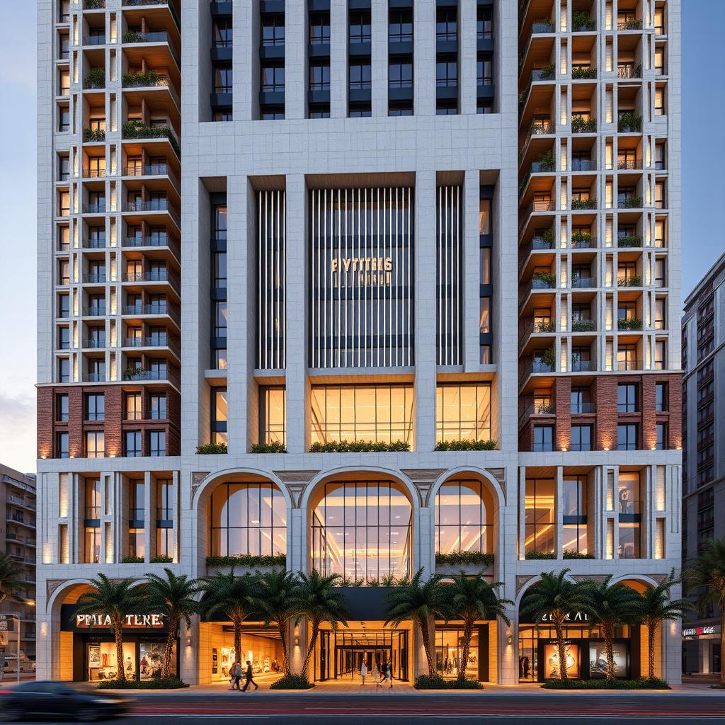A dynamic and luxurious 20-story residential-commercial tower designed with a deconstructivist architecture style, featuring dimensions of 2925 square meters with the following directional lengths: North 54m, South 45m, East 50m, and West 80m