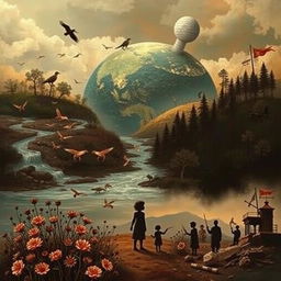 An artistic representation of global consequences due to human actions on Earth, showcasing the impact on diverse elements of nature, such as polluted rivers and deforested landscapes