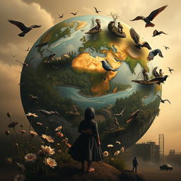 An artistic representation of global consequences due to human actions on Earth, showcasing the impact on diverse elements of nature, such as polluted rivers and deforested landscapes