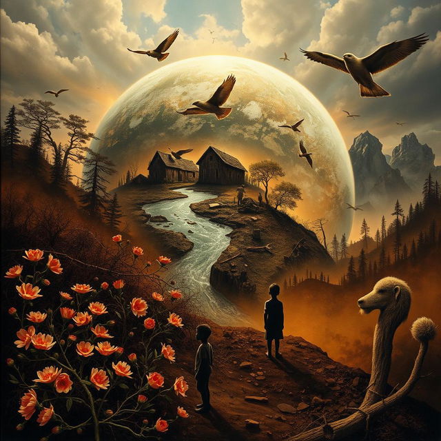 An artistic representation of global consequences due to human actions on Earth, showcasing the impact on diverse elements of nature, such as polluted rivers and deforested landscapes