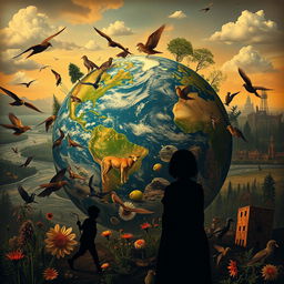 An artistic representation of global consequences due to human actions on Earth, showcasing the impact on diverse elements of nature, such as polluted rivers and deforested landscapes