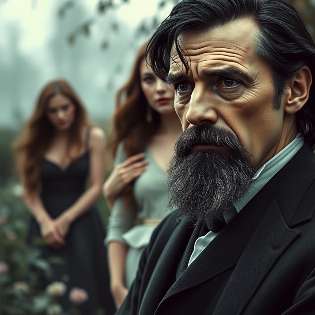 A melancholic scene depicting Friedrich Nietzsche, a middle-aged man with long dark hair and a contemplative expression, standing in the foreground