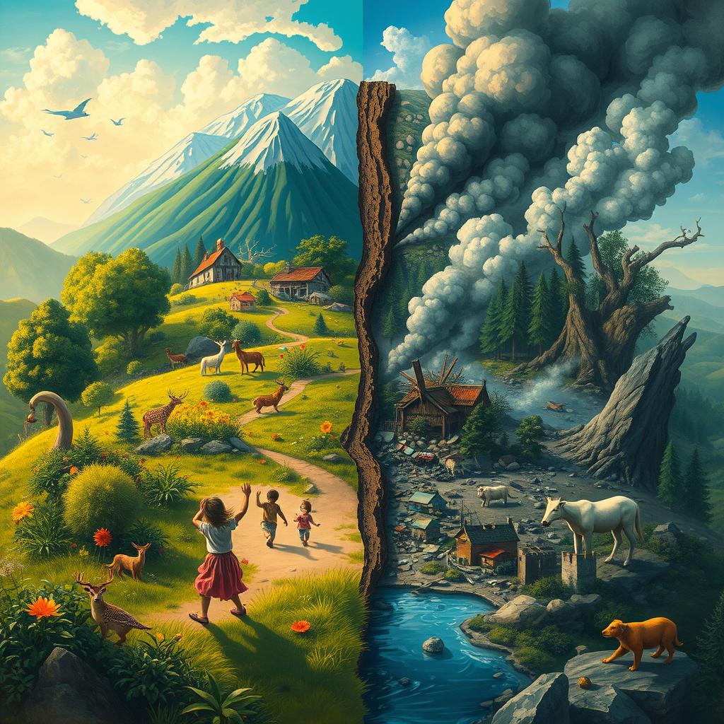 A powerful illustration of the consequences of human actions on Earth, depicting a divided landscape