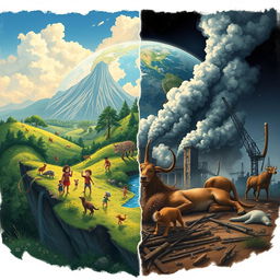 A powerful illustration of the consequences of human actions on Earth, depicting a divided landscape