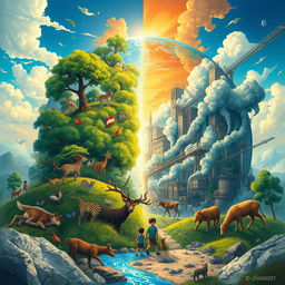 A powerful illustration of the consequences of human actions on Earth, depicting a divided landscape