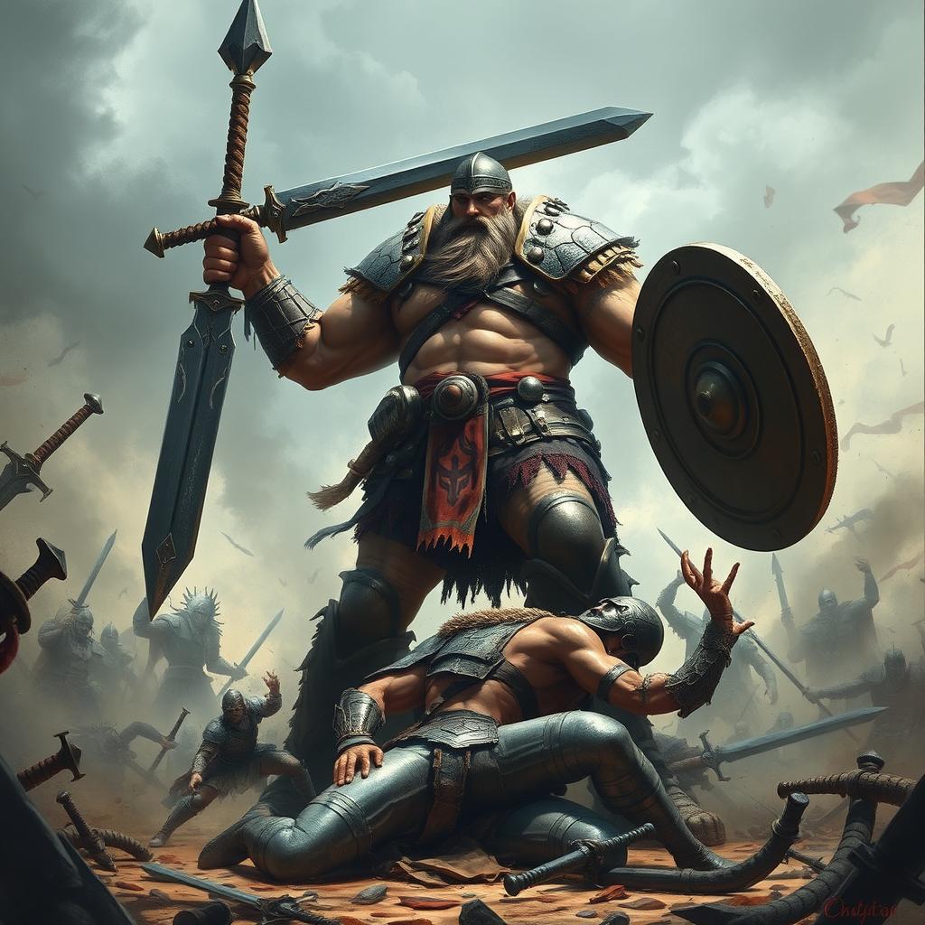 A colossal Goliath warrior depicted with an imposing stature, wielding a massive greatsword in one hand and a large shield in the other