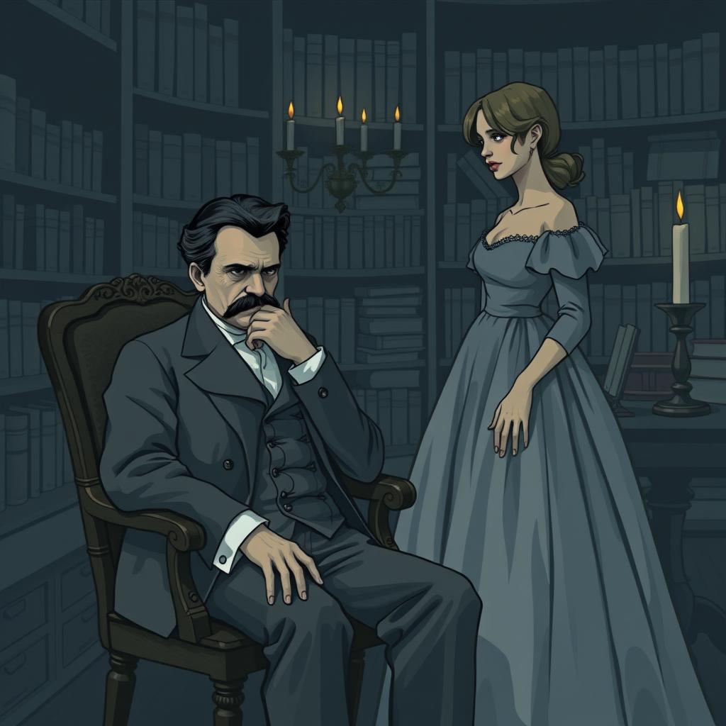 A melancholic scene depicting Friedrich Nietzsche and Lou Andreas-Salomé in a reflective moment