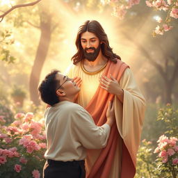 A serene and uplifting scene depicting a person embracing a radiant figure of Jesus, surrounded by a warm and soft light