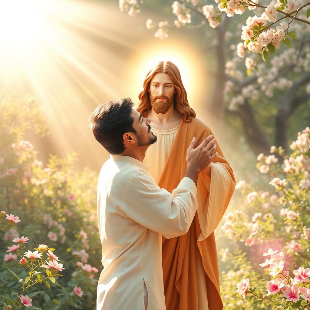 A serene and uplifting scene depicting a person embracing a radiant figure of Jesus, surrounded by a warm and soft light