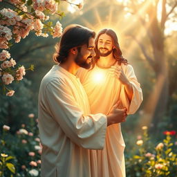A serene and uplifting scene depicting a person embracing a radiant figure of Jesus, surrounded by a warm and soft light
