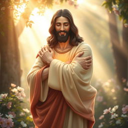 A serene and uplifting scene depicting a person embracing a radiant figure of Jesus, surrounded by a warm and soft light