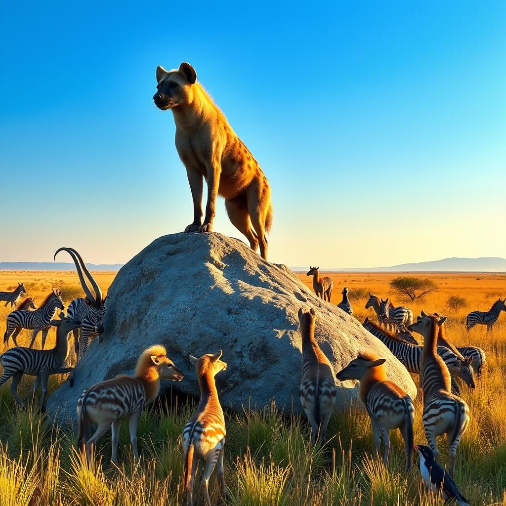 A majestic hyena confidently standing on a large rock, exuding a sense of authority and pride