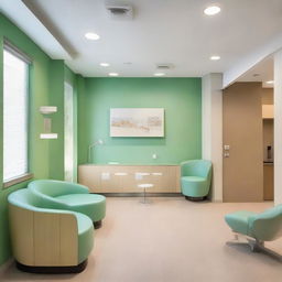 A spacious waiting room for a dental clinic, tastefully designed with 15 chairs to comfortably accommodate patients. The room also features soft lighting, a children's play area, a magazine rack, and a calming color palette.